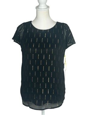Cece NWT Black Chiffon Flutter Sleeve Blouse Lined Metallic Print Sz XS Flowy